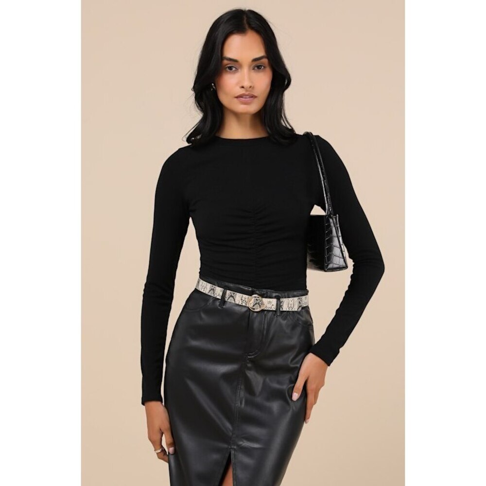 Lulus Casual Energy Black Ruched Long Sleeve Crew Neck Top - Size XL